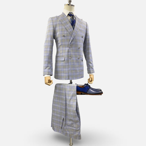 Men's Double Breasted Gray Slim Fit Plaid Suit