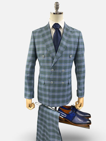 Men's Double Breasted Hunter Green Slim Fit Plaid Suit