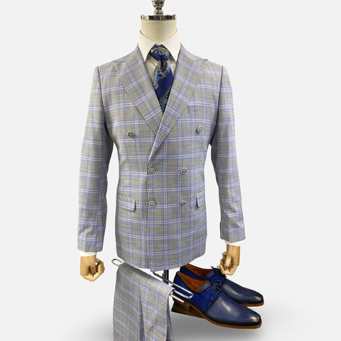 Men's Double Breasted Gray Slim Fit Plaid Suit
