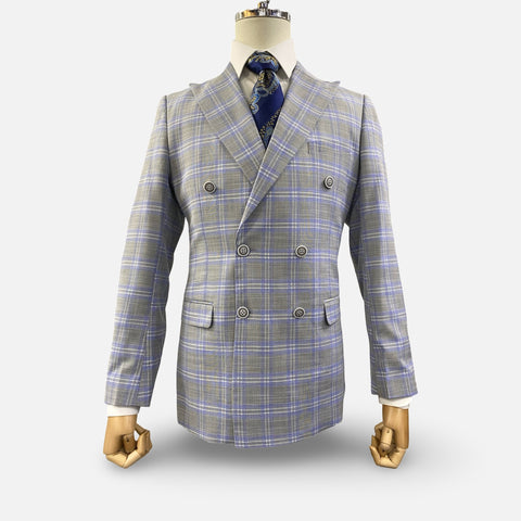 Men's Double Breasted Gray Slim Fit Plaid Suit