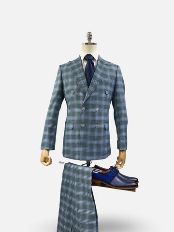 Men's Double Breasted Hunter Green Slim Fit Plaid Suit