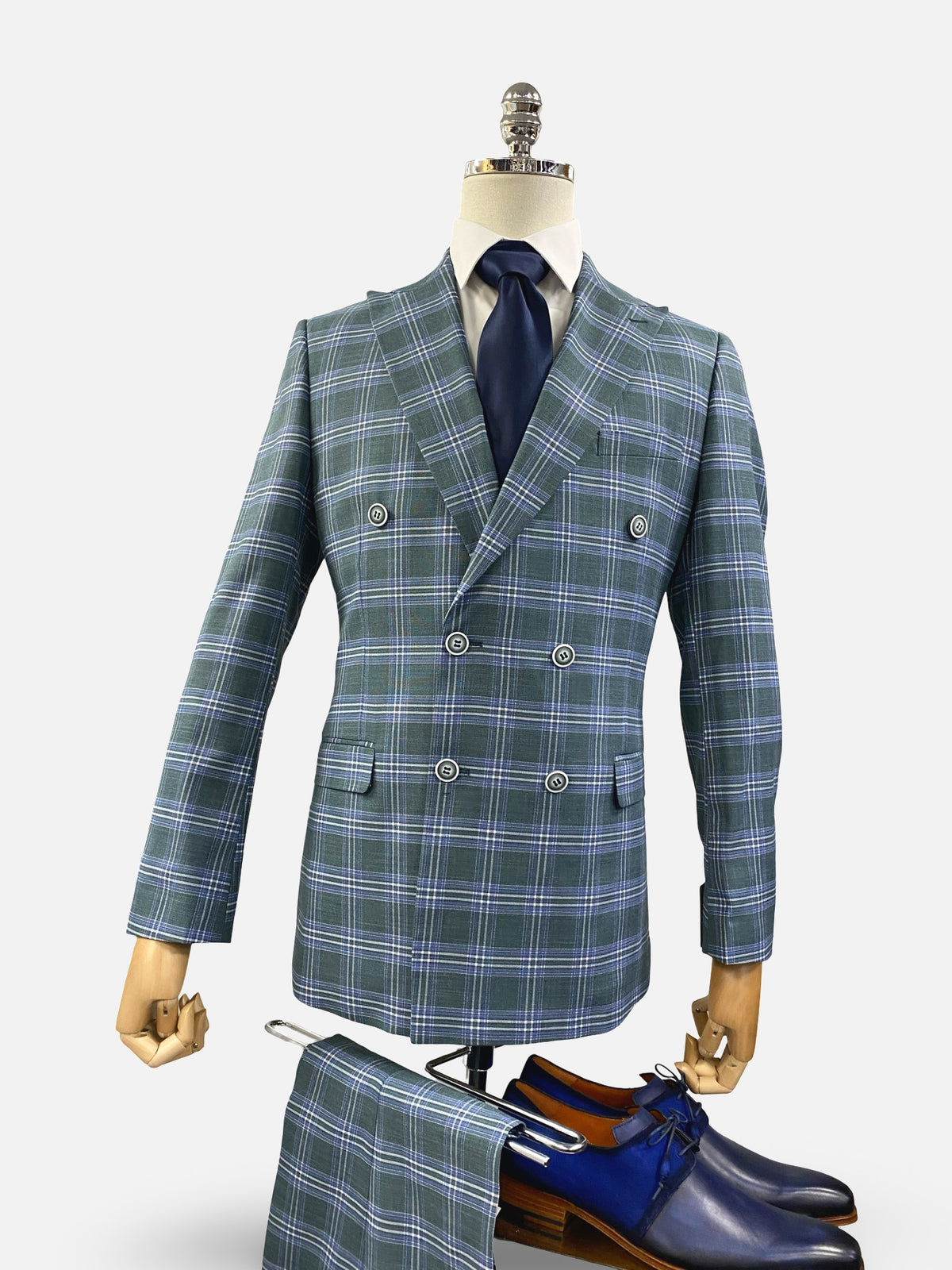 Men's Double Breasted Hunter Green Slim Fit Plaid Suit