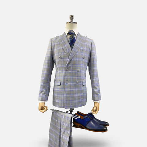 Men's Double Breasted Gray Slim Fit Plaid Suit