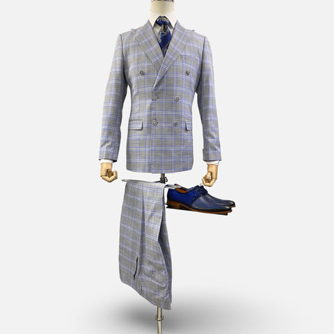 Men's Double Breasted Gray Slim Fit Plaid Suit