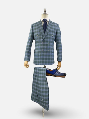 Men's Double Breasted Hunter Green Slim Fit Plaid Suit