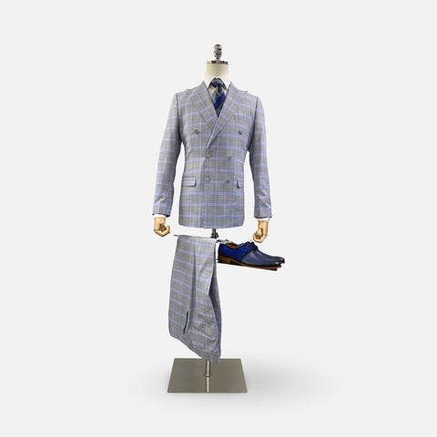 Men's Double Breasted Gray Slim Fit Plaid Suit
