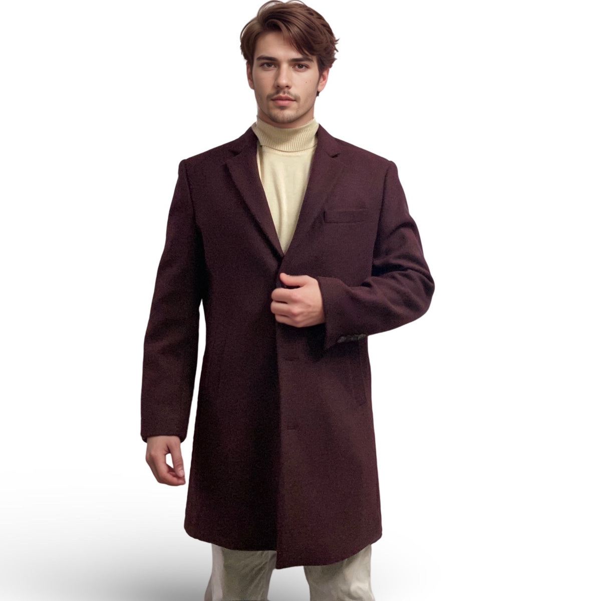 Men’s Burgundy Slim-Fit Car Coat - Wool Blend with Cashmere