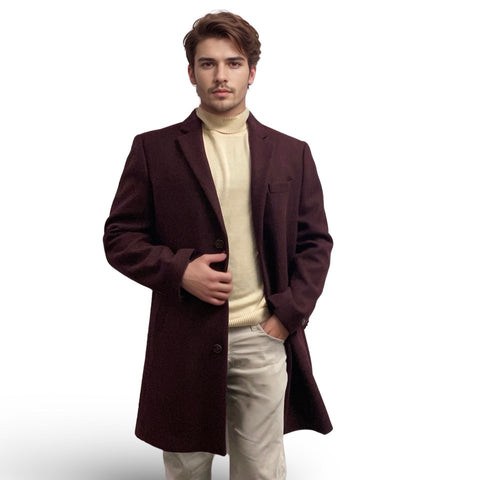 Men’s Burgundy Slim-Fit Car Coat - Wool Blend with Cashmere