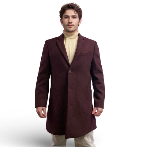 Men’s Burgundy Slim-Fit Car Coat - Wool Blend with Cashmere