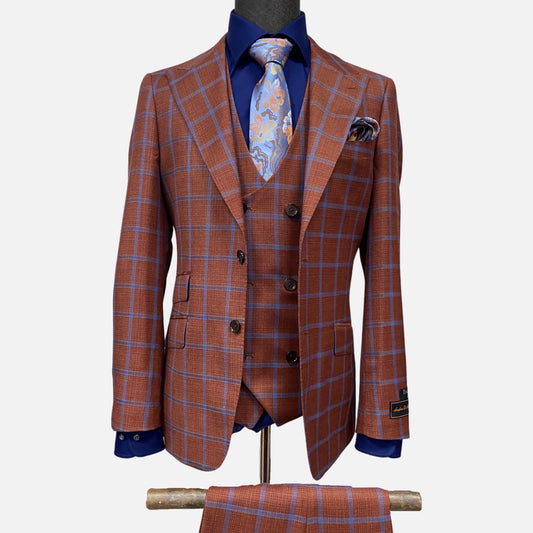 Mens Tiglio Luxe 3-Piece Modern Fit Wool Suit - Brick Color with Blue Plaid Stripes