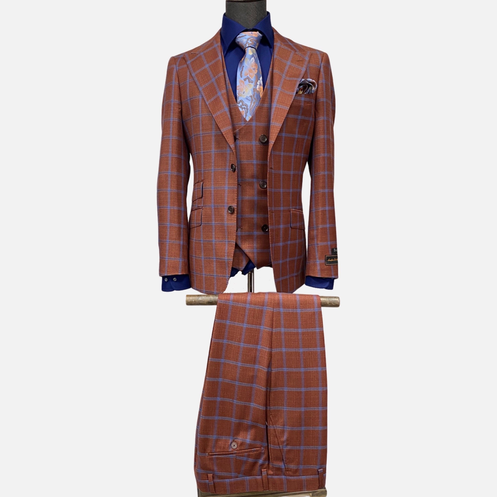 Mens Tiglio Luxe 3-Piece Modern Fit Wool Suit - Brick Color with Blue Plaid Stripes