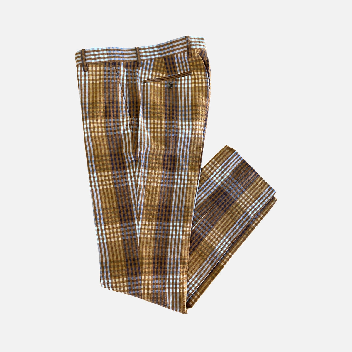 Men’s Brown Seersucker Pants - Flat Front, 100% Cotton