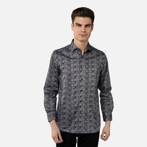 Luchiano Visconti Grey with Black Jacquard Plaid and Circle Shirt 49103