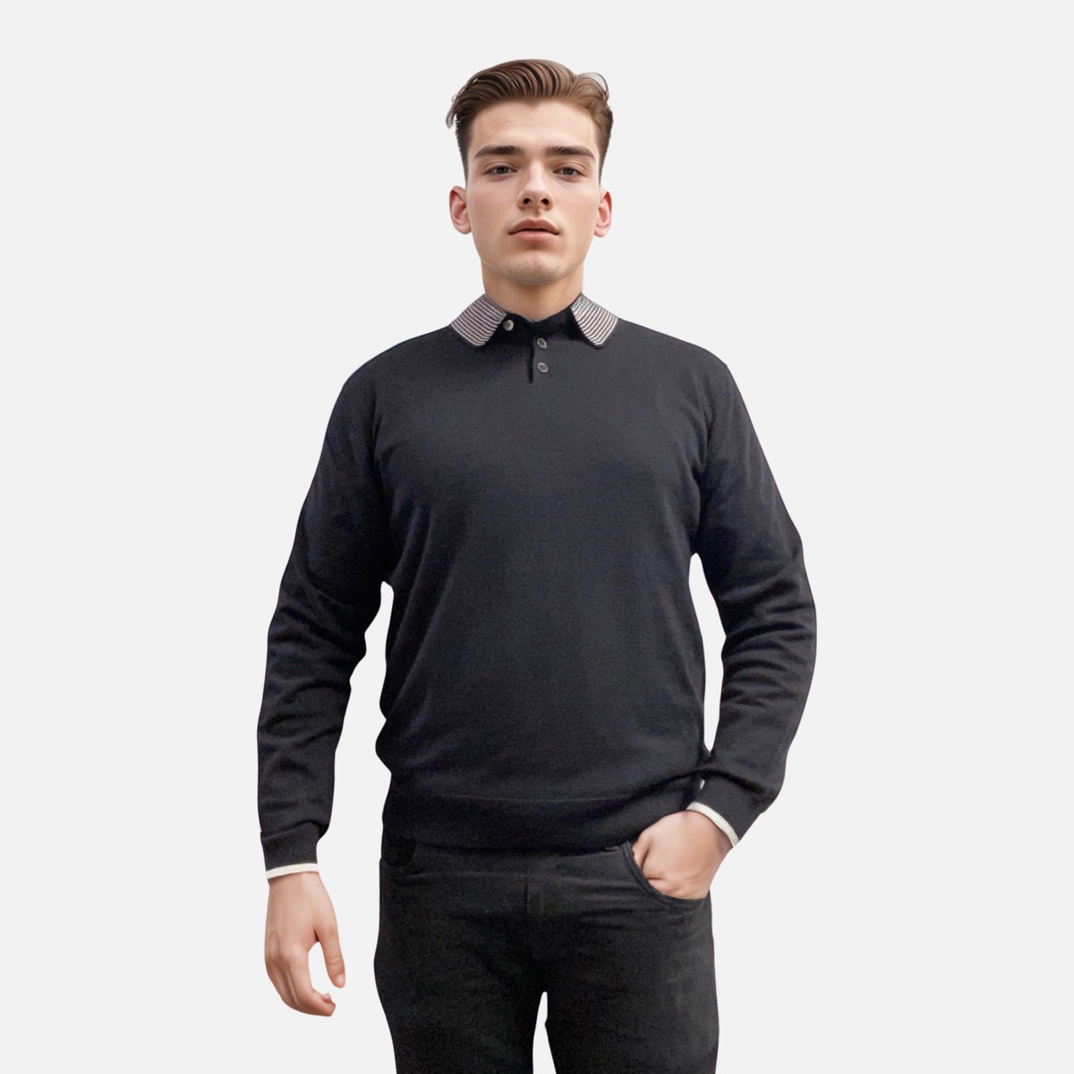 Contrast Polo Collar sweater for mens, 95% Cotton, 5% Cashmere