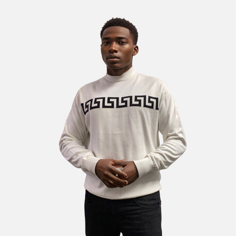 White mock sweater with black pattern