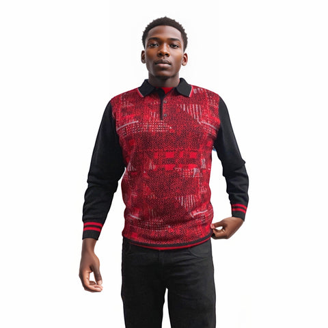 Red wool blend polo collar sweater for men