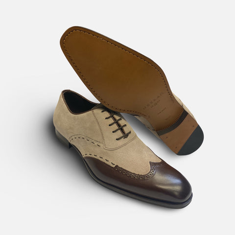 Mezlan Paganini Brown/Taupe Wingtip Suede and Leather Shoe