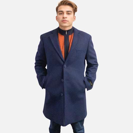 Mens blue wool and cashmere blend carcoat