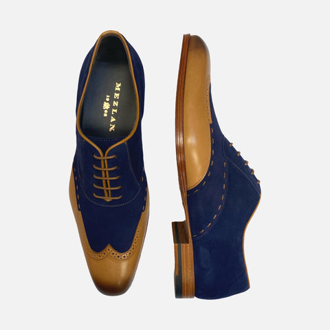 camel and blue suede and leather wingtip oxfords