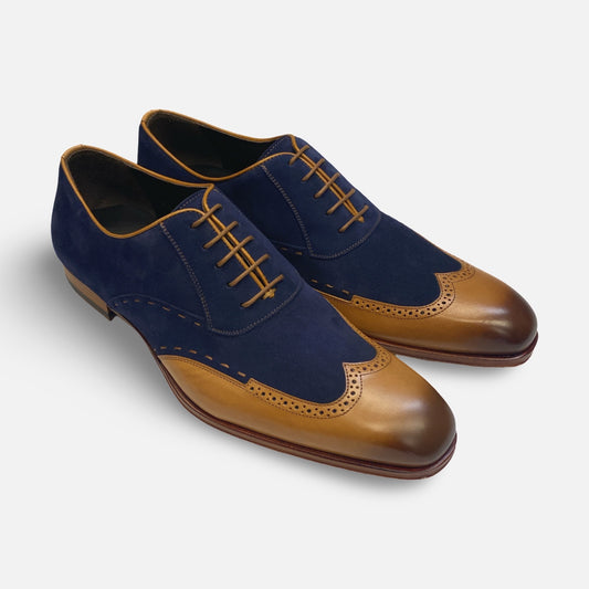 Mezlan suede and leather shoe paganini camel and blue