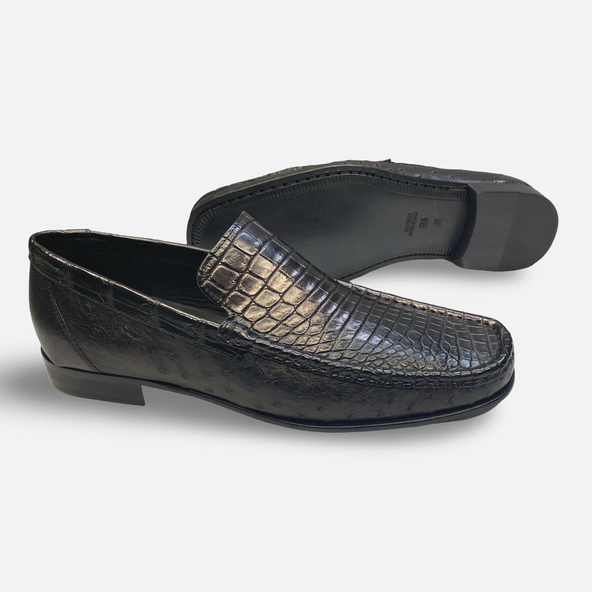 Croc and ostrich mens Italian made black loafer