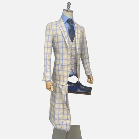 Mens Windowpane three piece Slim Fit Suit Beige