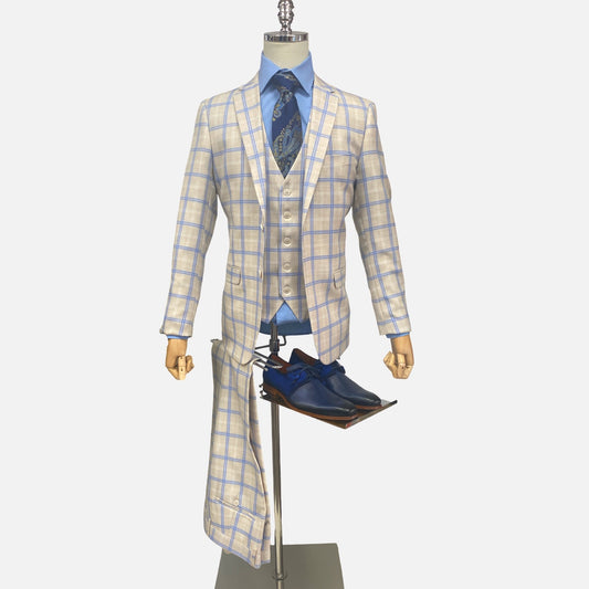 Mens Windowpane three piece Slim Fit Suit Beige