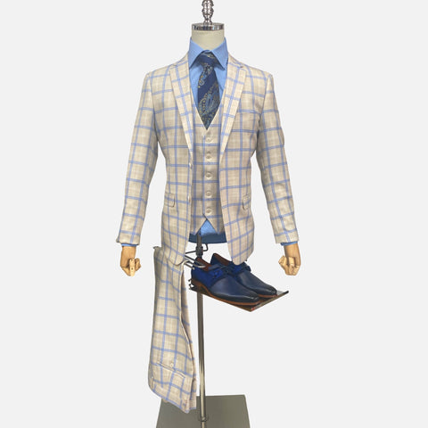 Mens Windowpane three piece Slim Fit Suit Beige