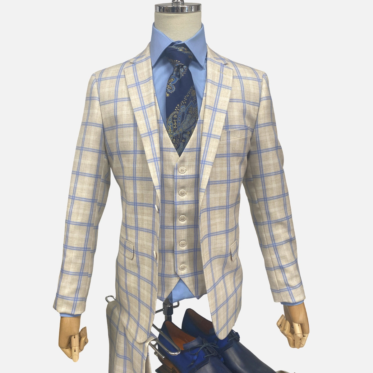 Mens Windowpane three piece Slim Fit Suit Beige