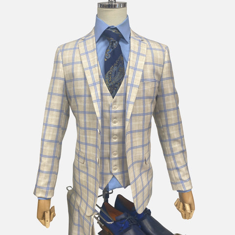 Mens Windowpane three piece Slim Fit Suit Beige