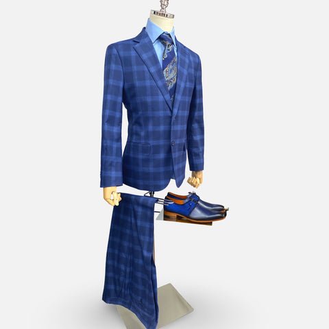 Silk & Wool Blended Blue Tonal Windowpane Check Modern Fit Suit