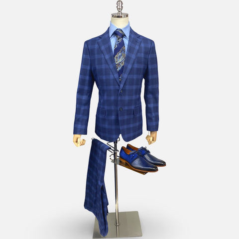 Silk & Wool Blended Blue Tonal Windowpane Check Modern Fit Suit