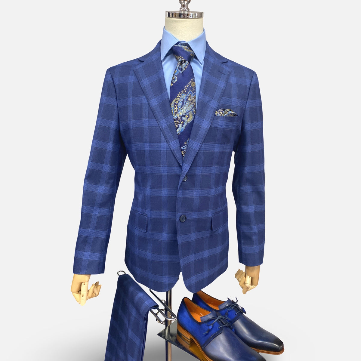 Silk & Wool Blended Blue Tonal Windowpane Check Modern Fit Suit