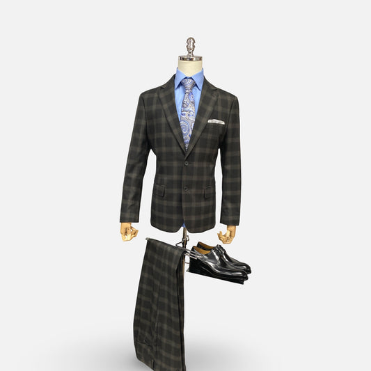 Silk & Wool Blended Black Tonal Windowpane Check Modern Fit Suit