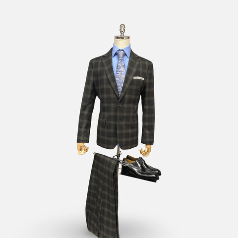Silk & Wool Blended Black Tonal Windowpane Check Modern Fit Suit