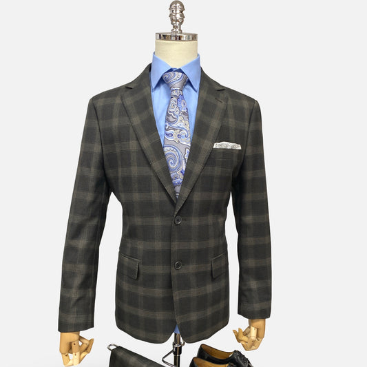 Silk & Wool Blended Black Tonal Windowpane Check Modern Fit Suit