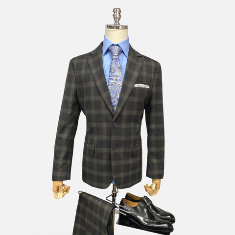 Silk & Wool Blended Black Tonal Windowpane Check Modern Fit Suit
