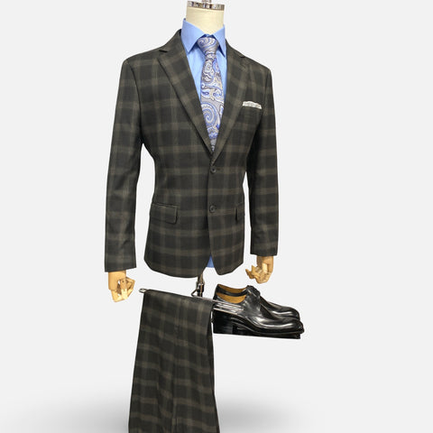 Silk & Wool Blended Black Tonal Windowpane Check Modern Fit Suit