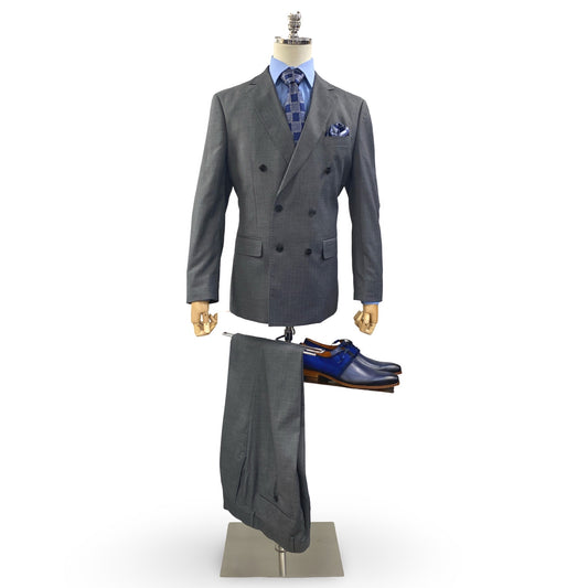 Silk & Wool Blended Gray Sharkskin Double-Breasted Suit – Modern Fit