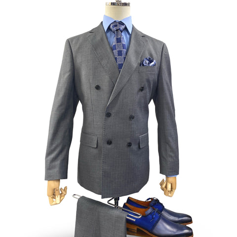 Silk & Wool Blended Gray Sharkskin Double-Breasted Suit – Modern Fit