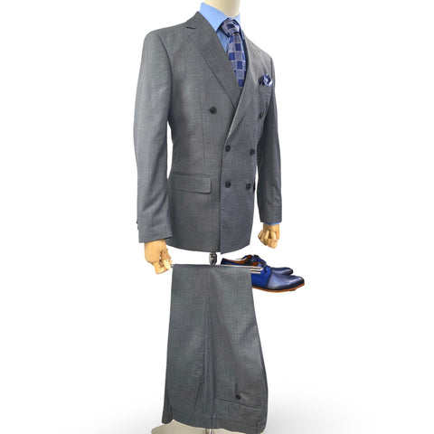Silk & Wool Blended Gray Sharkskin Double-Breasted Suit – Modern Fit