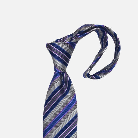 100% Silk Tie with silver and blue diagonal stripes