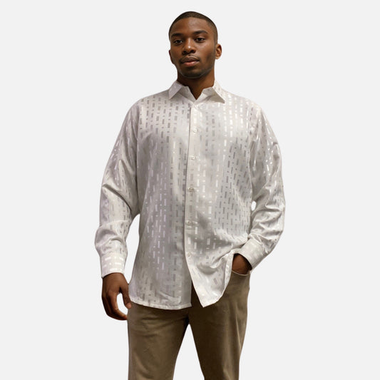 Men's White Tone-on-Tone Long Sleeve Shirt - Relaxed Style