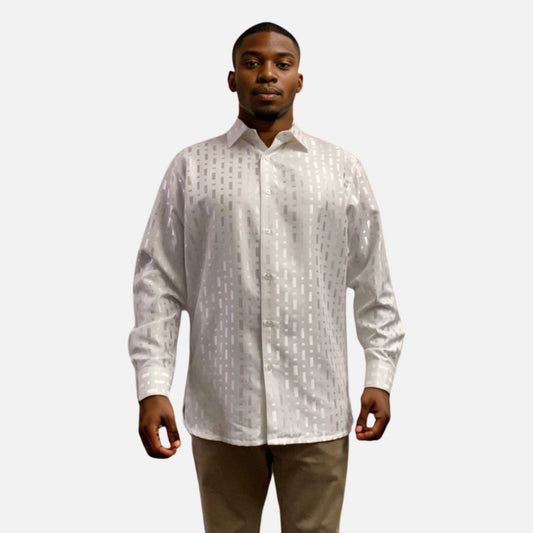 Men's White Tone-on-Tone Long Sleeve Shirt - Relaxed Style
