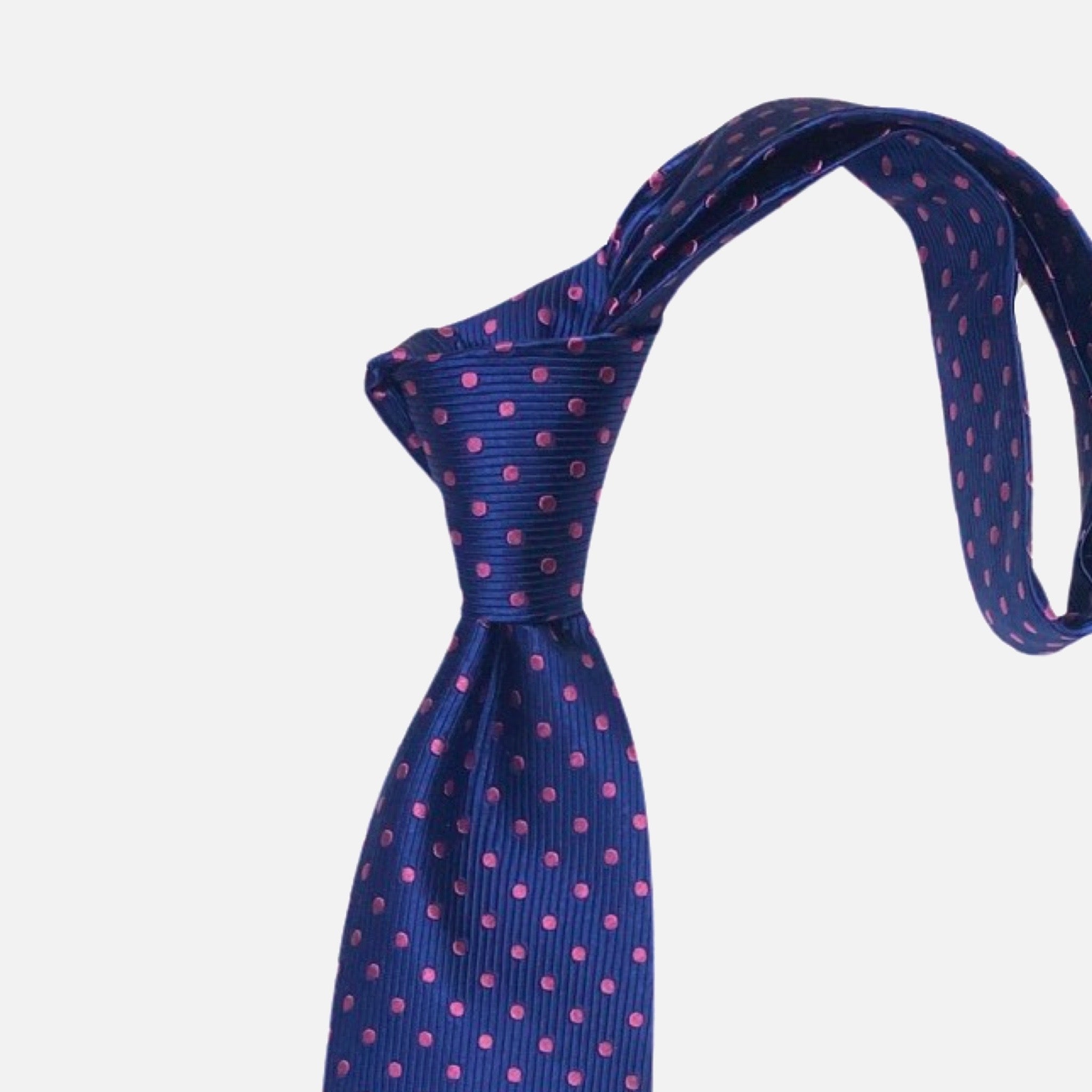 Silk tie made in USA blue with pink dots