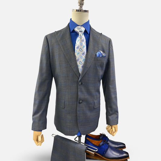 Silk & Wool Blended Gray Subtle Tonal Plaid Modern Fit Suit | Clearance