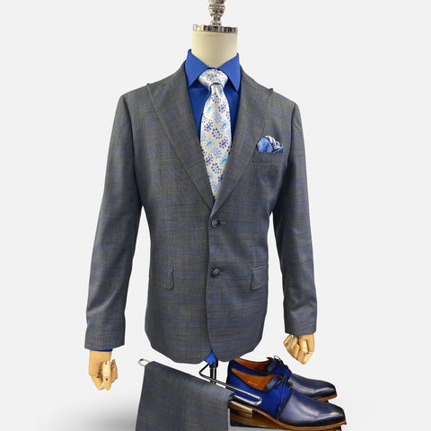 Silk & Wool Blended Gray Subtle Tonal Plaid Modern Fit Suit | Clearance