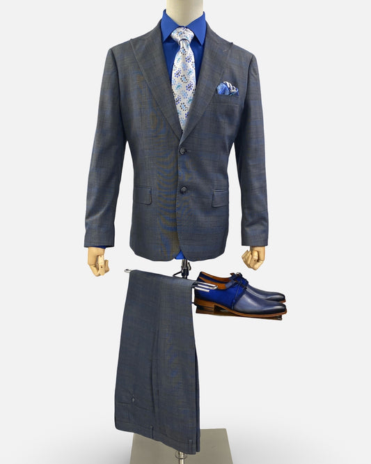 Silk & Wool Blended Gray Subtle Tonal Plaid Modern Fit Suit | Clearance