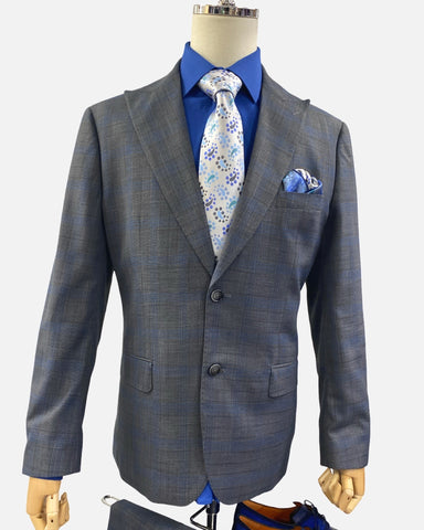 Silk & Wool Blended Gray Subtle Tonal Plaid Modern Fit Suit | Clearance