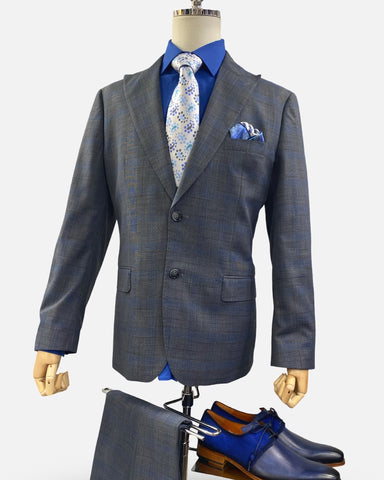 Silk & Wool Blended Gray Subtle Tonal Plaid Modern Fit Suit | Clearance